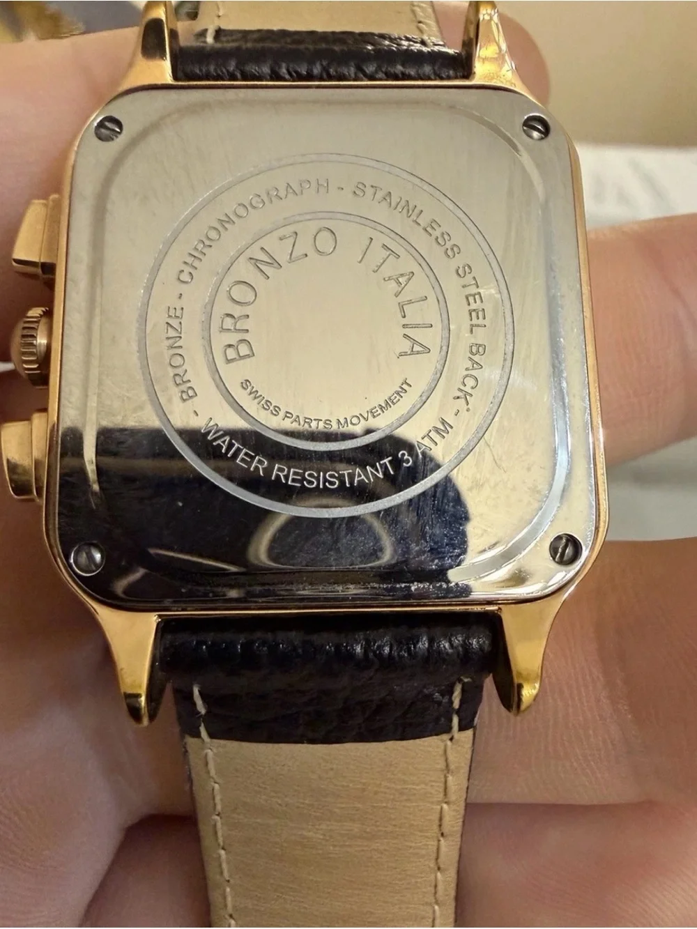 Bronzo Italia Square Chronograph Watch Rose Gold Plated Bronze Roman Numeral